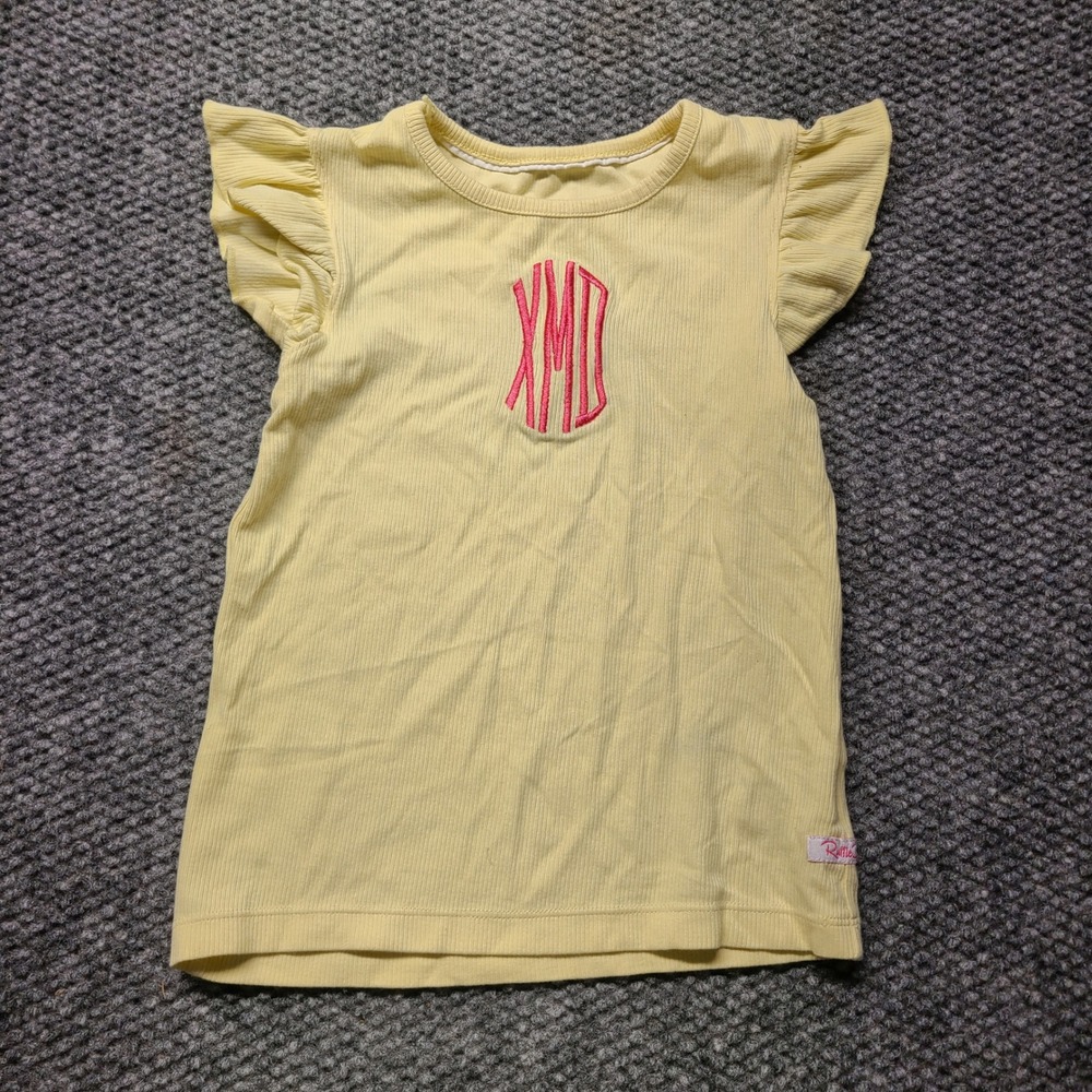 RuffleButts Girls Yellow Ribbed Flutter Sleeve Monogram Top Size 5